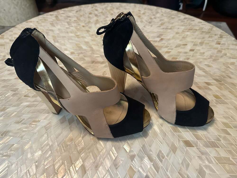 Coye Nokes Tri-Color Suede & Leather Peep Toe Wooden Block Heel Sandals